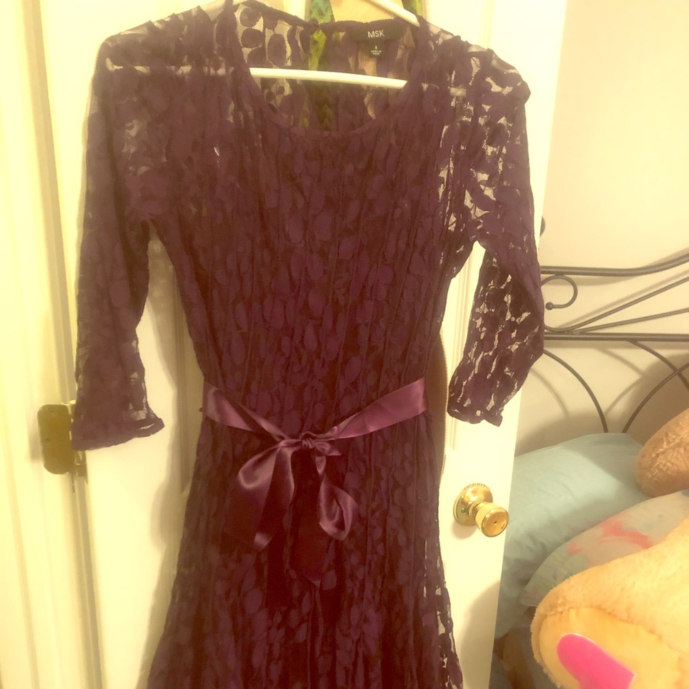 Purple lace tea length dress with tie waist